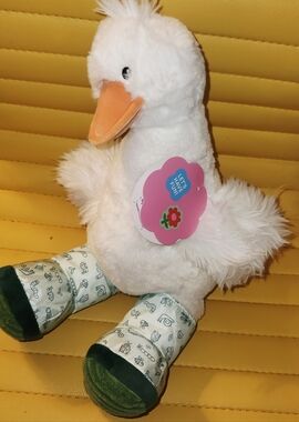 Giggle Scape White Plush Duck with Orange Beak and Green Patterned Rainboots NWT